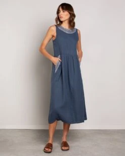 Pure Linen Embroidered Sleeveless Midi Dress -Celtic & Co Store 191149